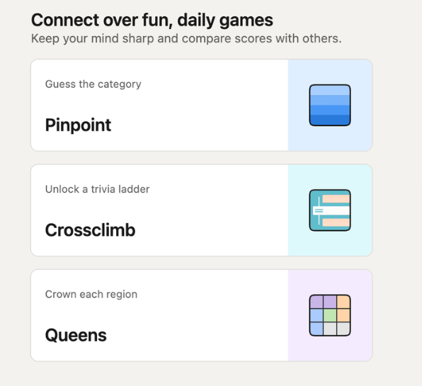 All three LinkedIn games: Pinpoint, Crossclimb, and Queens.