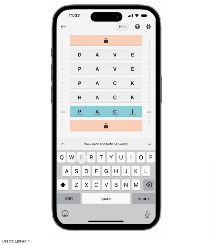 Screenshot of LinkedIn Crossclimb game with the ladder almost solved