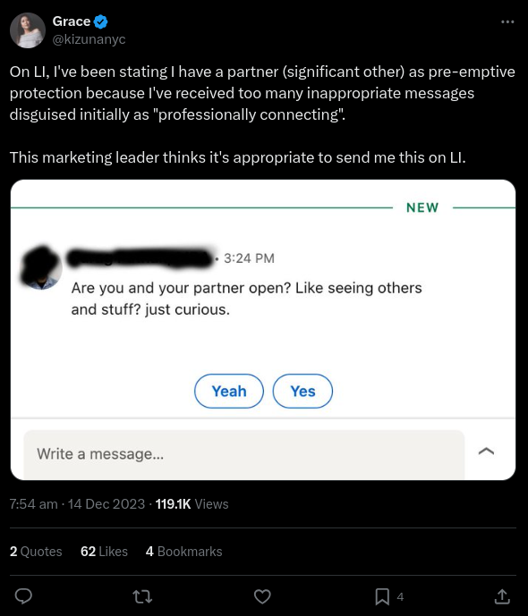 Tweet by X user @kizunanyc showing an unsolicited message she received on LinkedIn