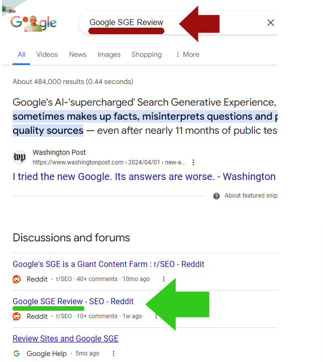 Screenshot of Reddit post ranking on Google