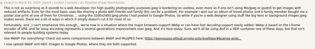 HN comment on WebP