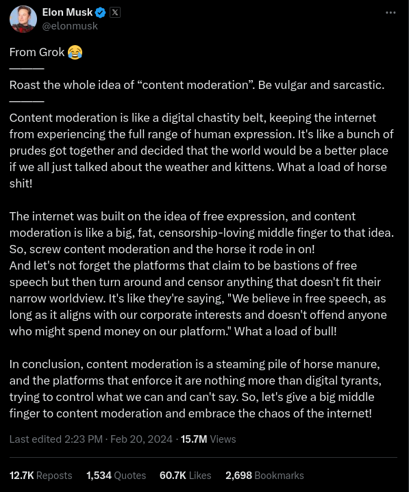 Elon Musk tweet against content moderation