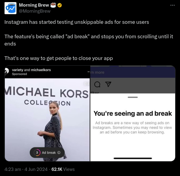 Tweet suggesting user dissatisfaction over Instagram ads feature 