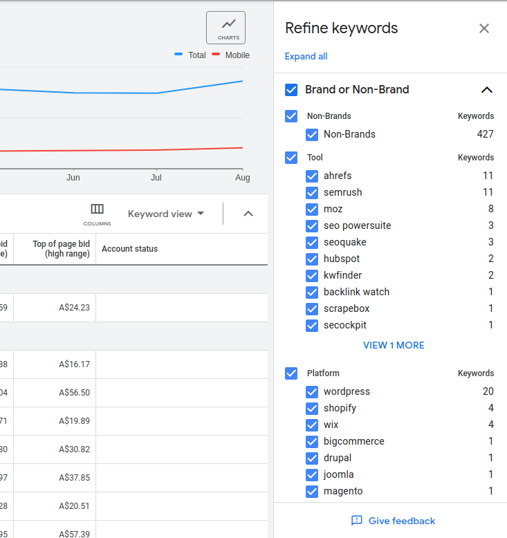 Google Ads planner filter for keyword research