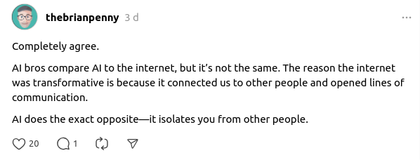X tweet by @thebrianpenny stating that AI 'isolates you from other people' 