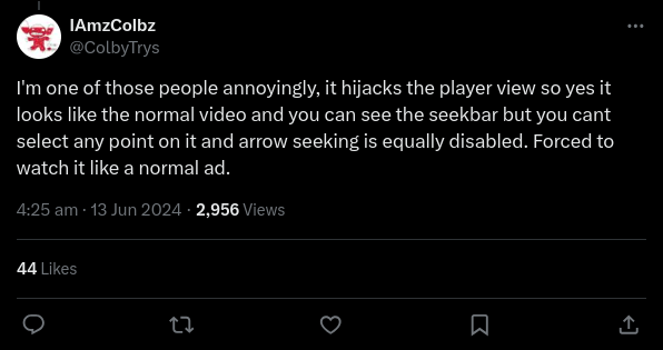 Tweet on X about server side ads destroying the functionality of ad blockers