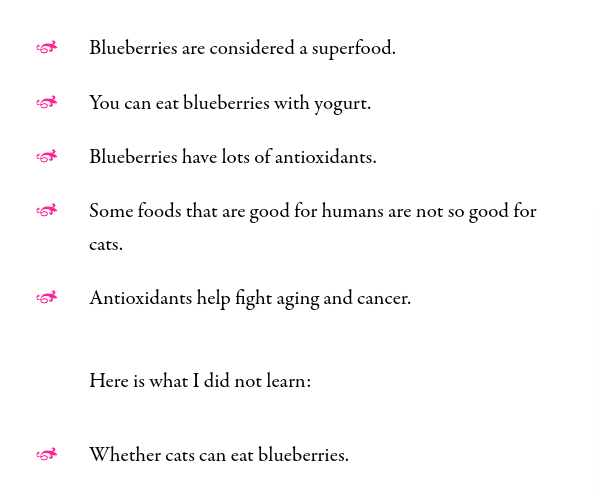 summary of answers provided for a search query titled 'can cats each blueberries?'